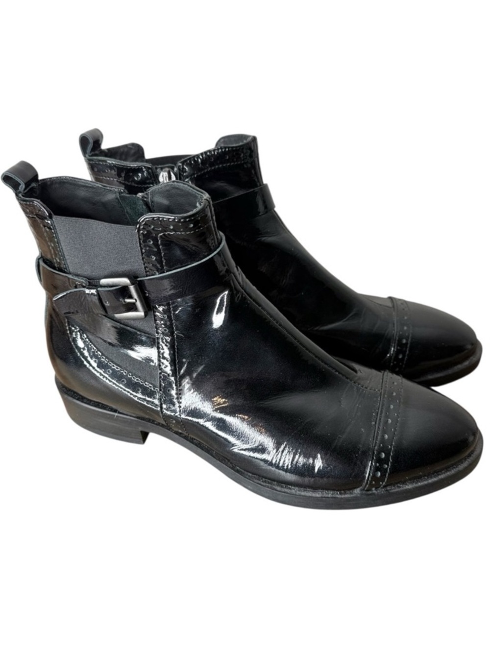 GEOX Respira Black Patent Leather Donna Brogue Ankle Bootie Chelsea Buckle 9.5
